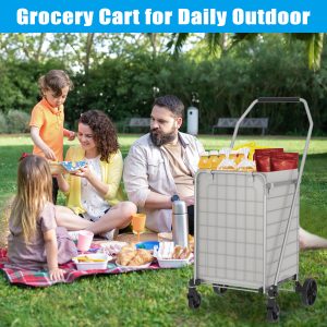 Shopping Cart with Shelf,Grocery Cart on Wheels, Foldable Utility Shopping Carts and 360° Rolling Swivel Wheels for Groceries Laundry,Grey
